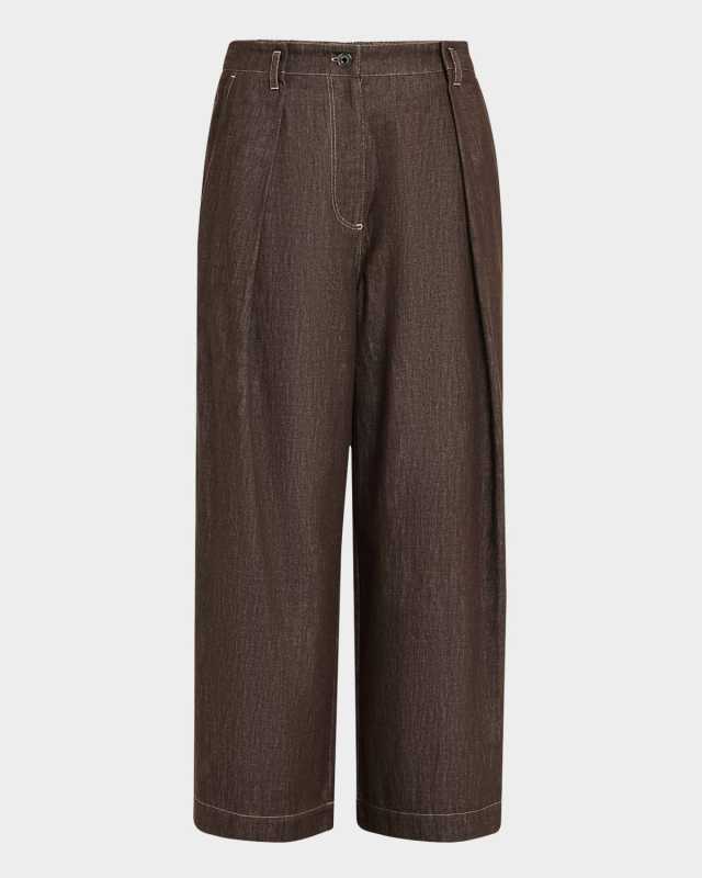 A-Line Pleated Wide Leg Cropped Denim Pants